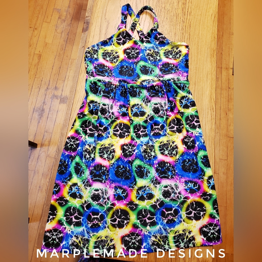 Xsmall mini dress💜MarpleMade Designs cross back Be the Lightening print
